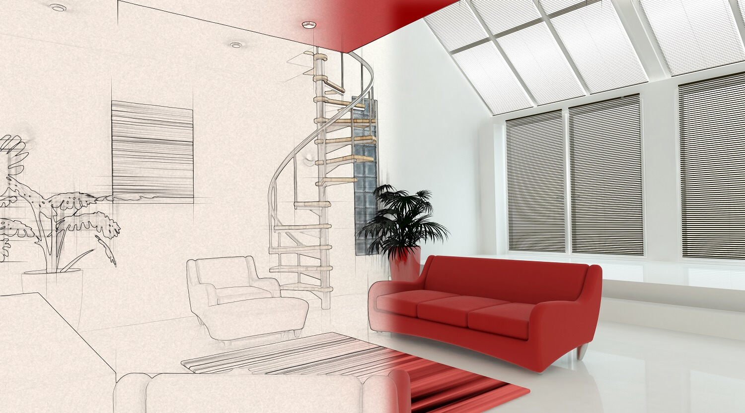 3D render of a contemporary interior with half in sketch phase